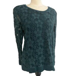 Adrianna Papell Teal Lace Blouse Sz XL Womens Long Lacey Sleeves